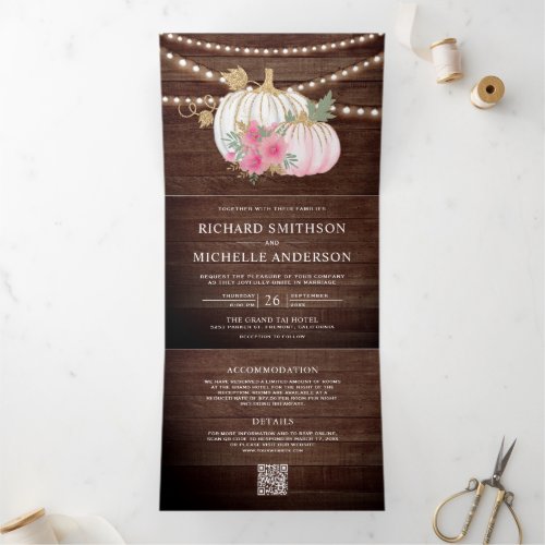 Pink Floral Pumpkin Fall QR Code Barn Wood Wedding Tri-Fold Invitation
