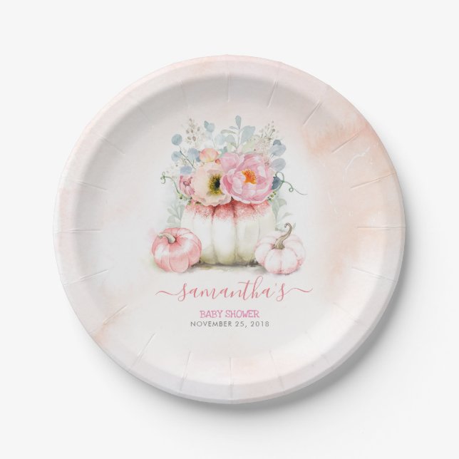 Pink Floral Pumpkin Fall Wedding Paper Plates (Front)