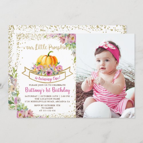 Pink Floral Pumpkin Glitter Girl Birthday Photo Invitation