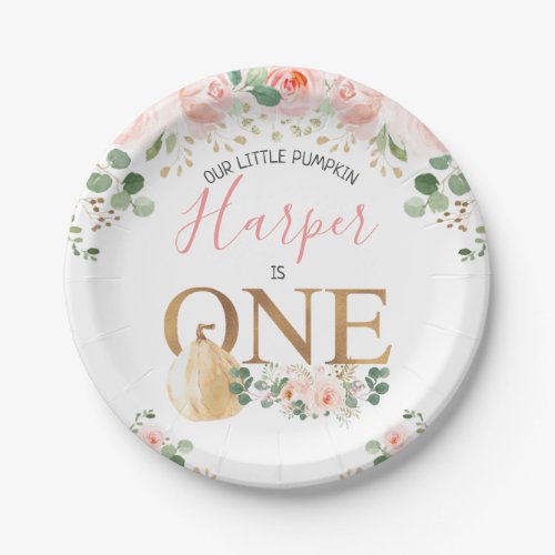Pink Floral Pumpkin Gold First Birthday Party  Paper Plates