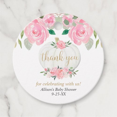 Pink floral pumpkin gold white baby shower favor tags