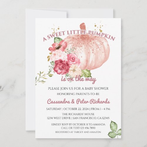 Pink Floral Pumpkin Pink Gold Baby Girl Shower Invitation