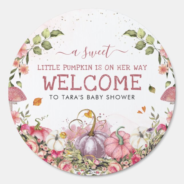 Pink Floral Pumpkins Autumn Baby Shower Sign (Front)