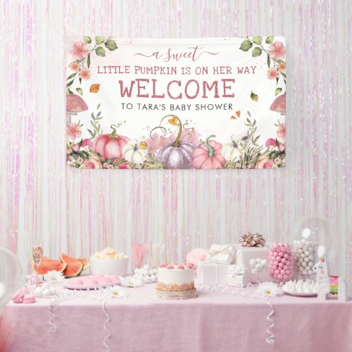 Pink Floral Pumpkins Autumn Baby Shower Welcome Banner