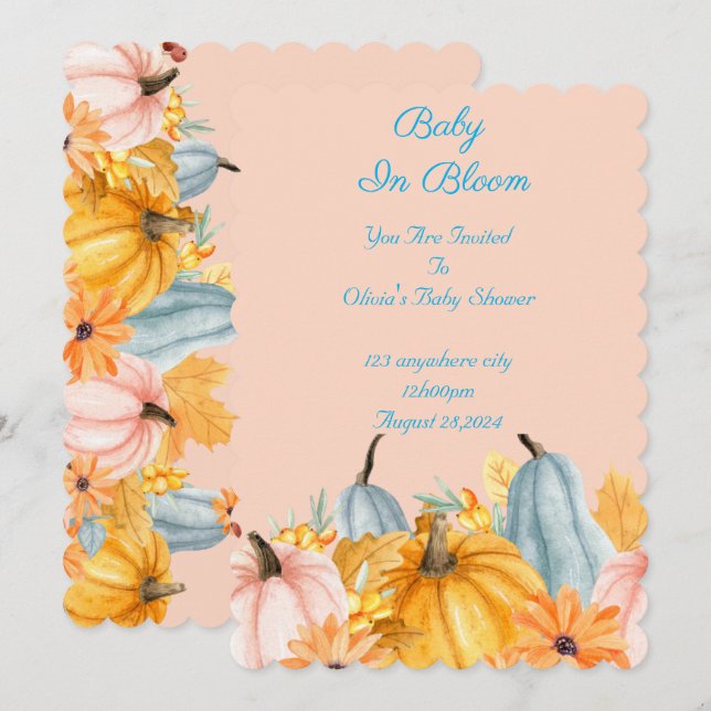 Pink Floral Pumpkins baby shower invitation  (Front/Back)