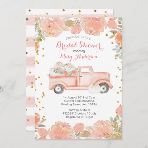 Pink Floral Pumpkins Truck Rustic Bridal Shower Invitation