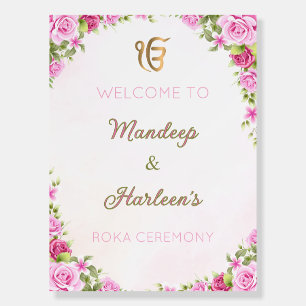 Pink Floral Punjabi Roka Ceremony Welcome Sign