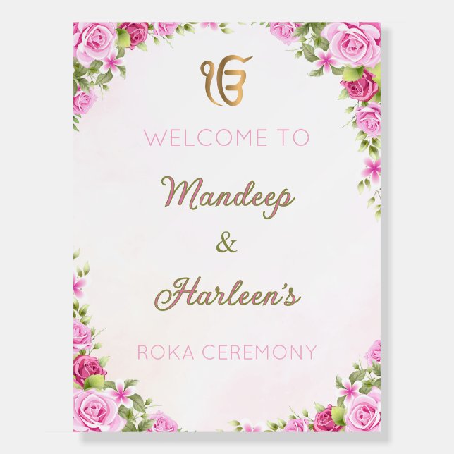 Pink Floral Punjabi Roka Ceremony Welcome Sign (Front)