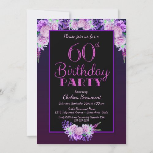 Pink Floral Purple 60th Birthday Party Invitation