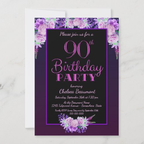 Pink Floral Purple 90th Birthday Party Invitation