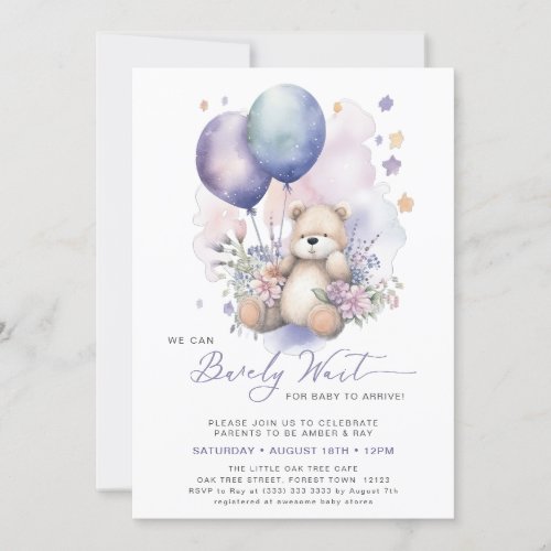 Pink Floral Purple Balloon Bear Girl Baby Shower Invitation