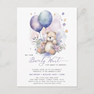 Pink Floral Purple Balloon Bear Girl Baby Shower Invitation Postcard