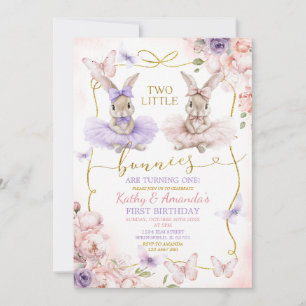 Pink Floral Purple Butterfly Twin Bunnies Birthday Invitation