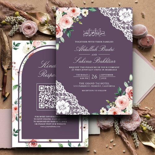 Pink Floral Purple Lace QR Code Muslim Wedding Invitation