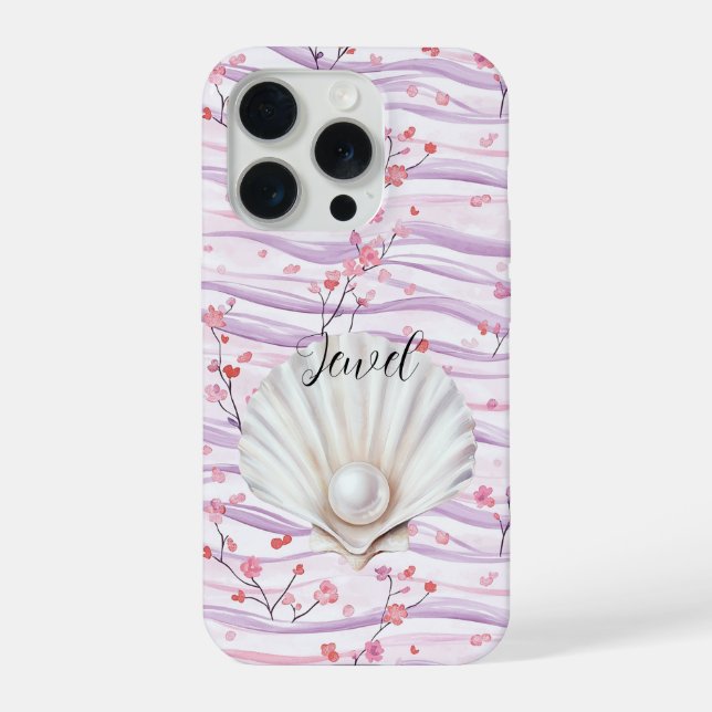 Pink Floral Purple Stripes Shell Pearl iPhone Case (Back)