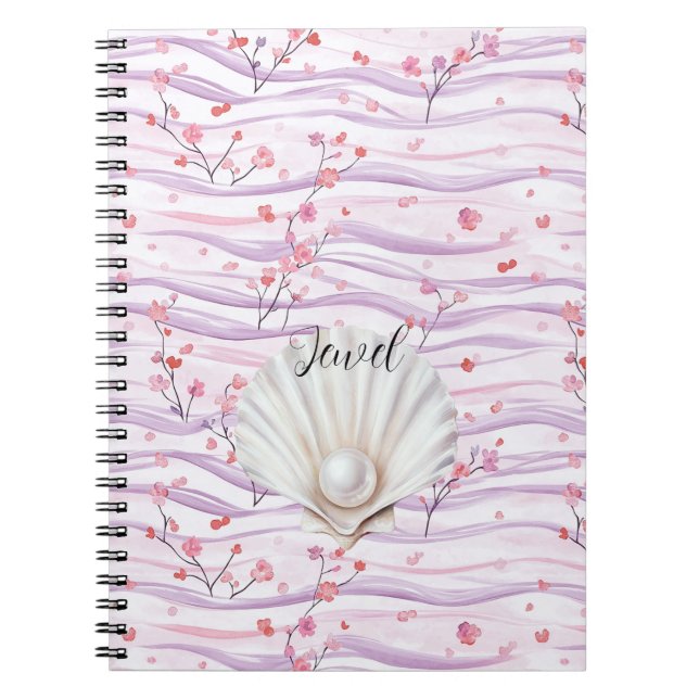 Pink Floral Purple Stripes Shell Pearl Notebook (Front)
