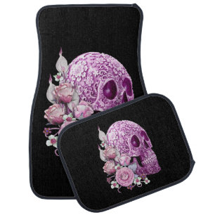 Pink Floral Purple Sugar Skull Day Of The Dead Car Floor Mat