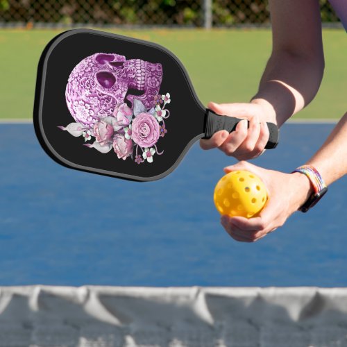 Pink Floral Purple Sugar Skull Day Of The Dead Pickleball Paddle