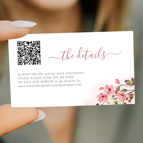 Pink floral QR code wedding website details  Enclosure Card