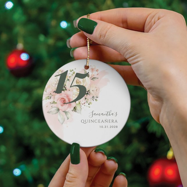 Pink Floral Quinceanera 15th Birthday Greenery Ceramic Ornament (15th Birthday Party Swag Ornament)