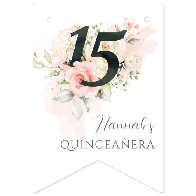 Pink Floral Quinceanera 15th Birthday Party Bunting Flags (First Flag)