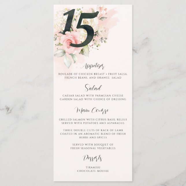 Pink Floral Quinceanera 15th Birthday Party Photo Menu (Front)