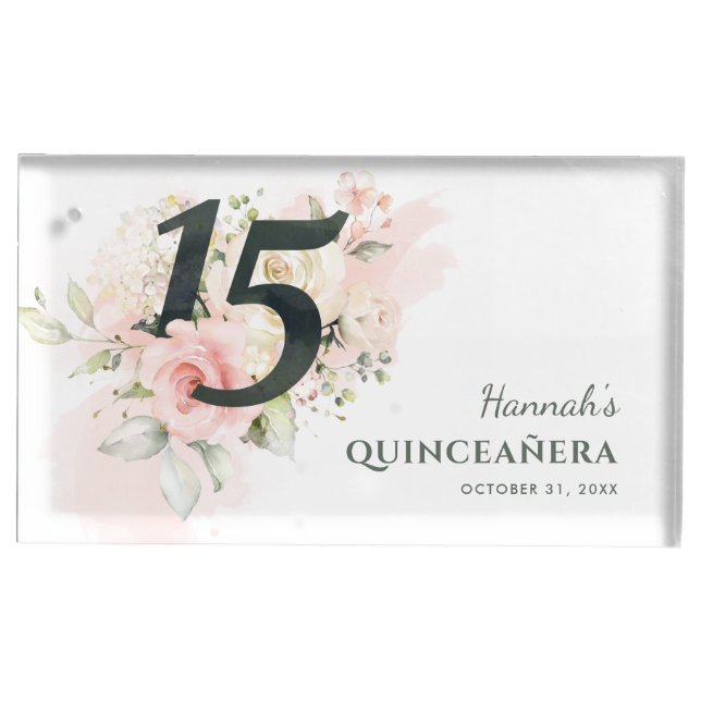 Pink Floral Quinceanera 15th Birthday Party Place Card Holder (Front)