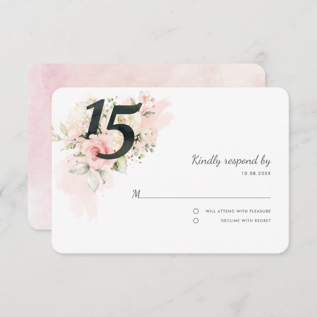 Pink Floral Quinceanera 15th Birthday Party RSVP Card (Front/Back)