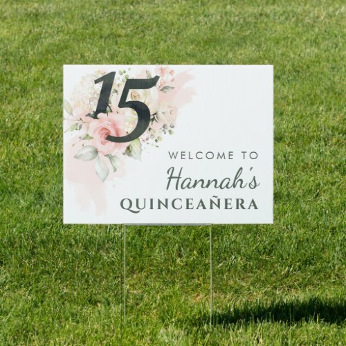 Pink Floral Quinceanera 15th Birthday Party Sign