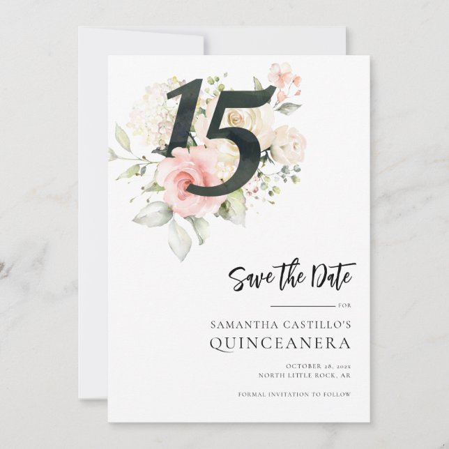 Pink Floral Quinceanera 15th Birthday Save The Date (Front)