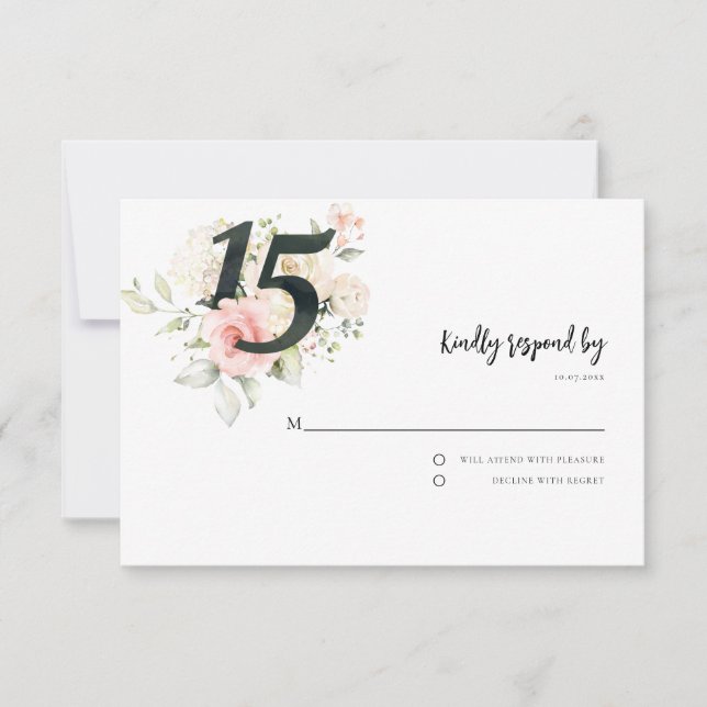 Pink Floral Quinceanera 15th Birthday Script RSVP Card (Front)