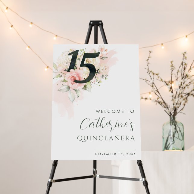 Pink Floral Quinceanera 15th Birthday Welcome Foam Board (In Situ (Stand))