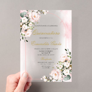 Pink floral quinceañera acrylic invitations