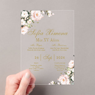 Pink Floral Quinceanera Acrylic Invitations