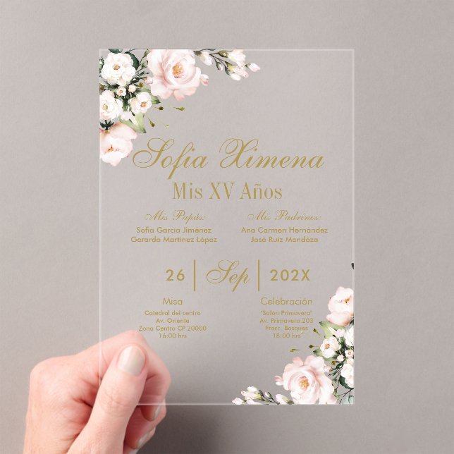 Pink Floral Quinceanera Acrylic Invitations (Insitu (Handheld))