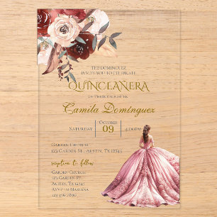 Pink Floral Quinceanera Acrylic Invitations