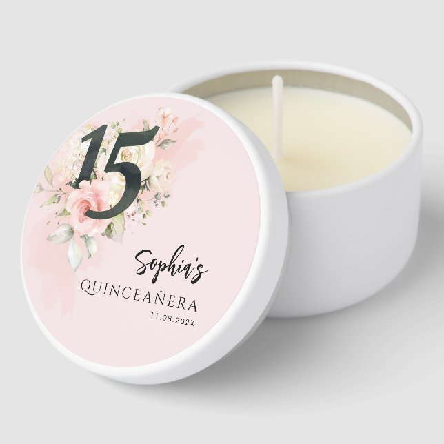 Pink Floral Quinceanera Birthday Celebration Mini Candle Favors (Corner)