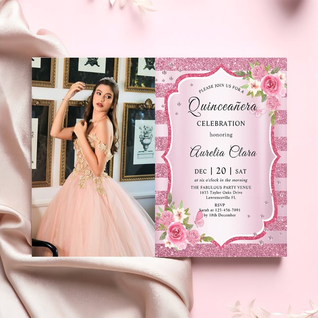 Pink Floral Quinceañera Birthday Photo Invitation (Creator Uploaded)