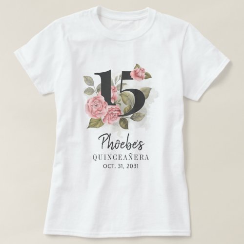Pink Floral Quinceanera Daughter 15th Birthday T_Shirt