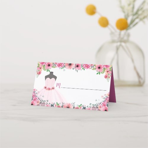 Pink Floral Quinceanera Dress Party Blank Place Card