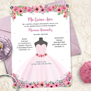 Pink Floral Quinceanera Dress Party Invitation by starstreamdesign at Zazzle