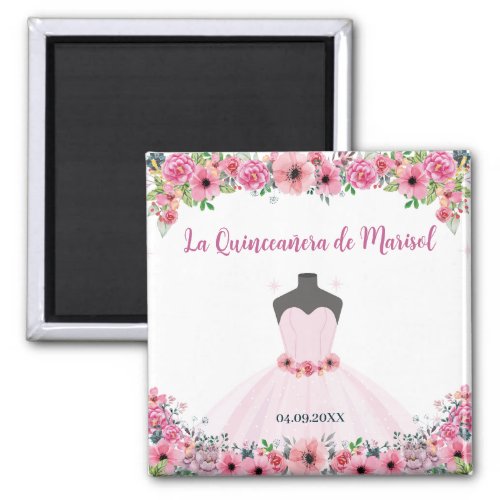 Pink Floral Quinceanera Dress Party Magnet