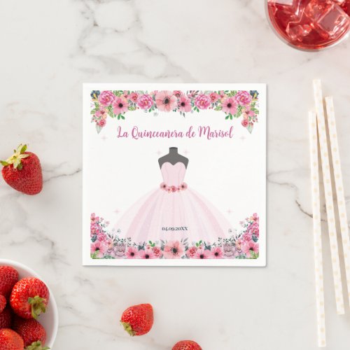 Pink Floral Quinceanera Dress Party Napkins