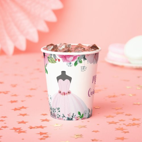 Pink Floral Quinceanera Dress Party Paper Cups