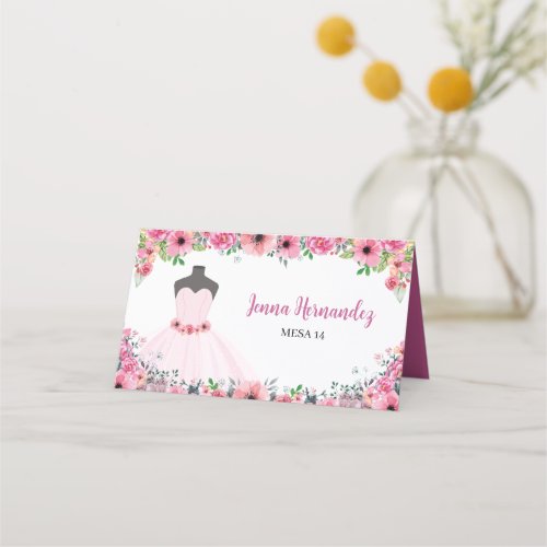 Pink Floral Quinceanera Dress Party Place Card