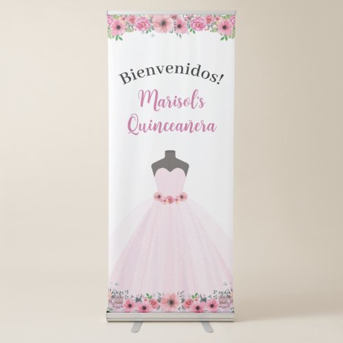 Pink Floral Quinceanera Dress Party Retractable Banner