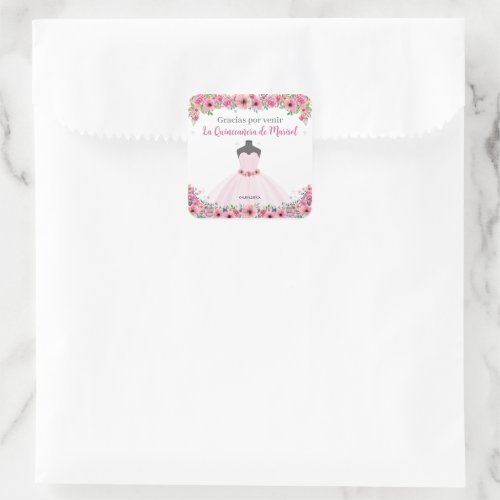 Pink Floral Quinceanera Dress Party Square Sticker