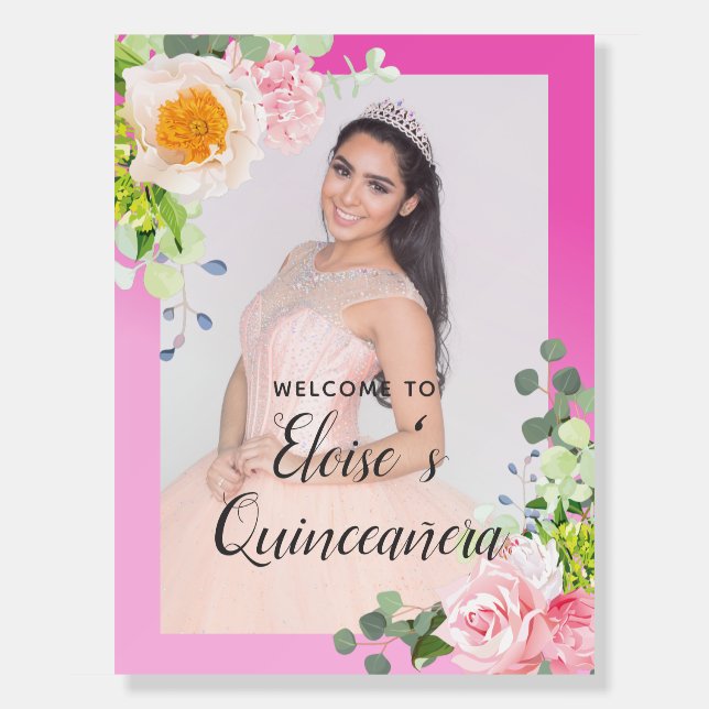 Pink Floral Quinceañera Event Board Welcome Sign (Front)