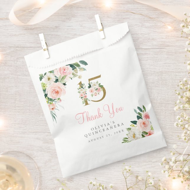 Pink Floral Quinceañera Favor Bags Blush Roses 15  (Clipped)