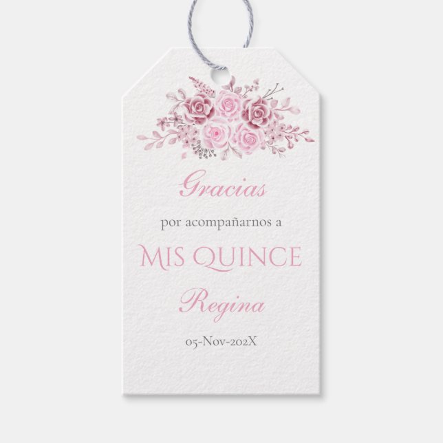 Pink Floral Quinceanera Gift Tag Spanish (Front)
